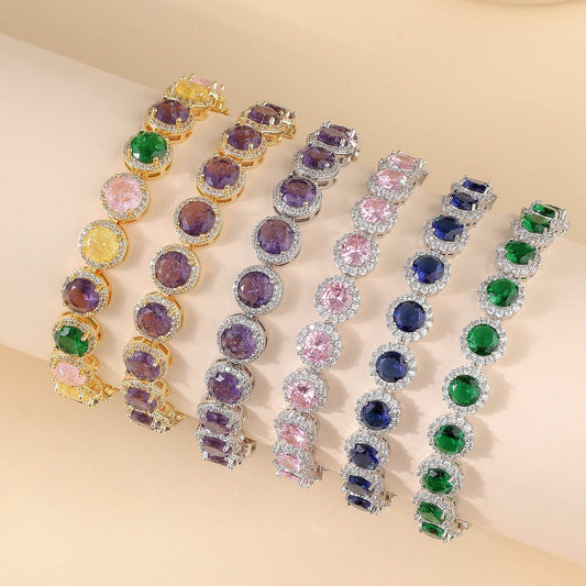 Dazzling Multicolor Cubic Zirconia Round Halo Bracelet, Colored Gem Stones, Adjustable Design, and Unique Patterns
