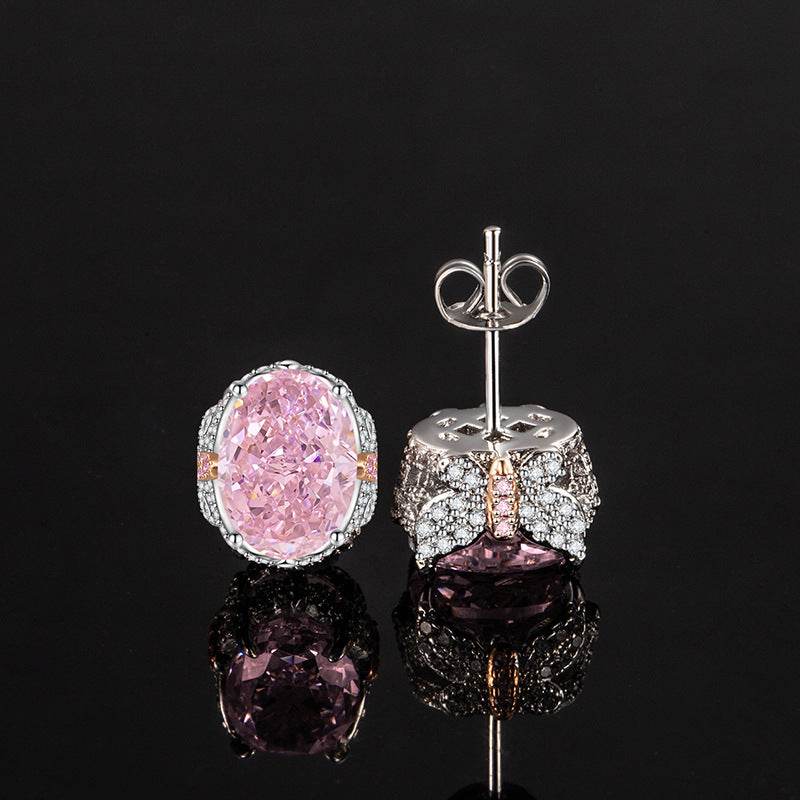 Multicolor Ice Flower Cut Oval CZ Stud Earrings, 7*9mm 8A Cubic Zirconia, S925 Silver Needle, Two-Tone Pave CZ Halo, Dainty Luxe