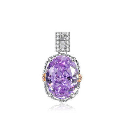 Multicolor Ice Flower Cut Oval CZ Pendant Necklace, 10*14mm 8A Cubic Zirconia, Two-Tone Pave CZ Halo with Pavé Top Frame, Adjustable Chain, Dainty Luxe