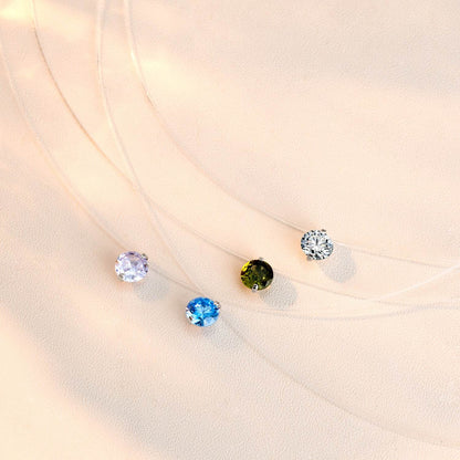 S925 Multicolor Mermaid Tear Floating CZ Necklace, Sterling Silver Invisible Fishing Line 6-8mm Cubic Zirconia Pendant, 40+5cm Adjustable Dainty Minimalist Choker