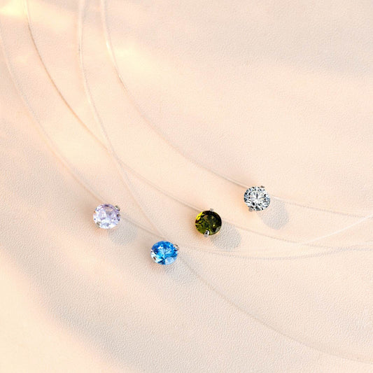 S925 Multicolor Mermaid Tear Floating CZ Necklace, Sterling Silver Invisible Fishing Line 6-8mm Cubic Zirconia Pendant, 40+5cm Adjustable Dainty Minimalist Choker