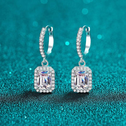S925 Emerald Cut Moissanite Halo Earrings with Pave Band, 1-2ct Rectangle White Moissanite Sterling Silver, Engagement Wedding Drop Dangle
