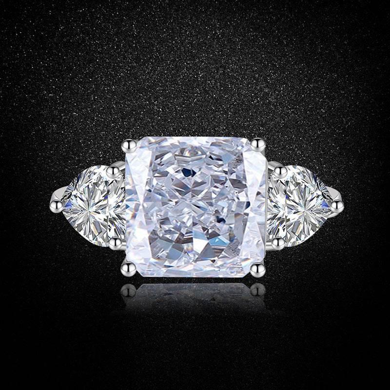 Multicolor Ice Flower Cut Square CZ Adjustable Ring, 10*10mm 8A Main Cubic Zirconia, Two Heart Side CZ, Dainty Luxe