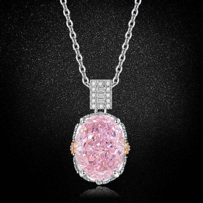 Multicolor Ice Flower Cut Oval CZ Pendant Necklace, 10*14mm 8A Cubic Zirconia, Two-Tone Pave CZ Halo with Pavé Top Frame, Adjustable Chain, Dainty Luxe