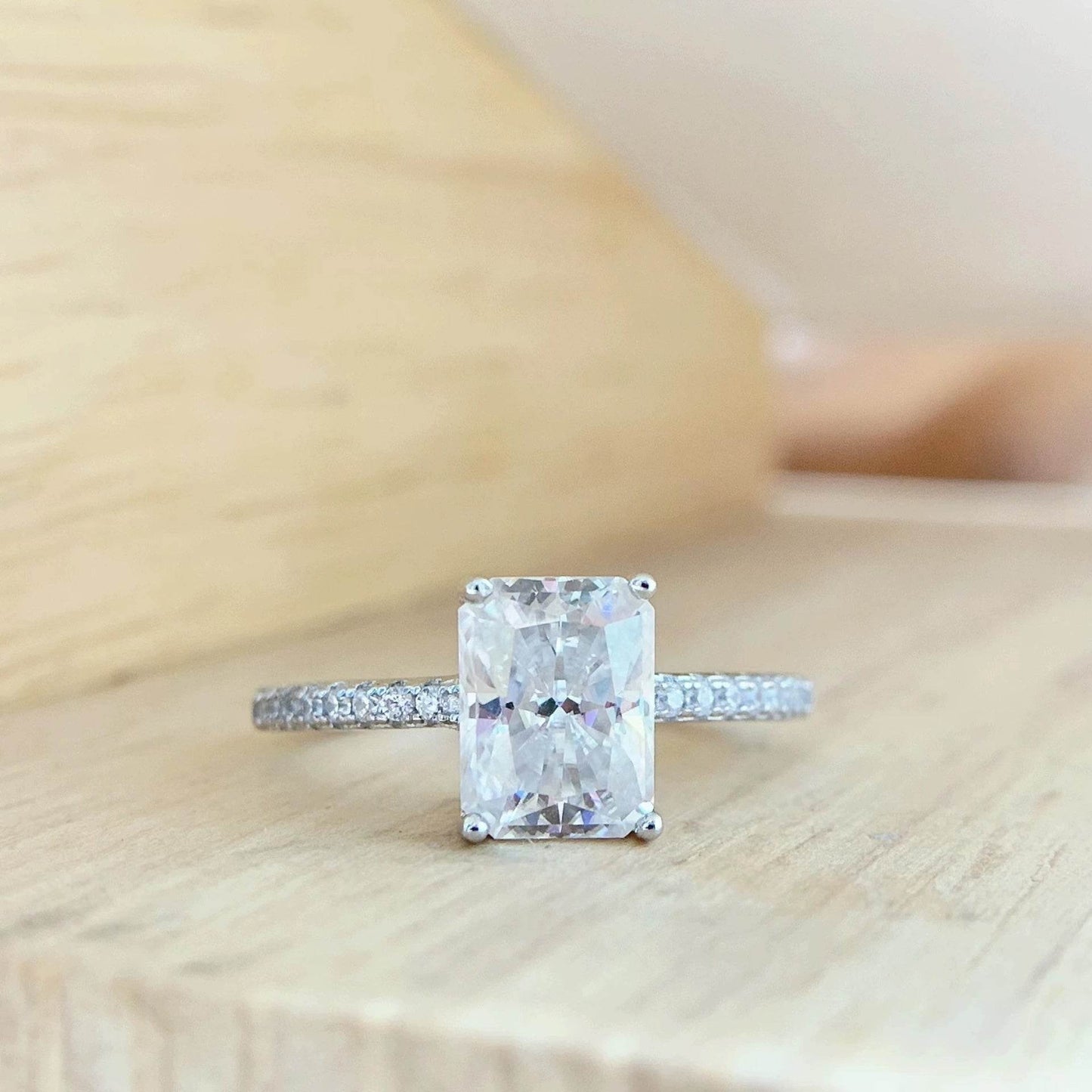 S925 Radiant Cut Moissanite & High Carbon Engagement Ring with Pavé-Set Band, 1-3ct VVS1 Certified, 4-Prong Sterling Silver