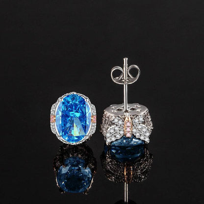 Multicolor Ice Flower Cut Oval CZ Stud Earrings, 7*9mm 8A Cubic Zirconia, S925 Silver Needle, Two-Tone Pave CZ Halo, Dainty Luxe