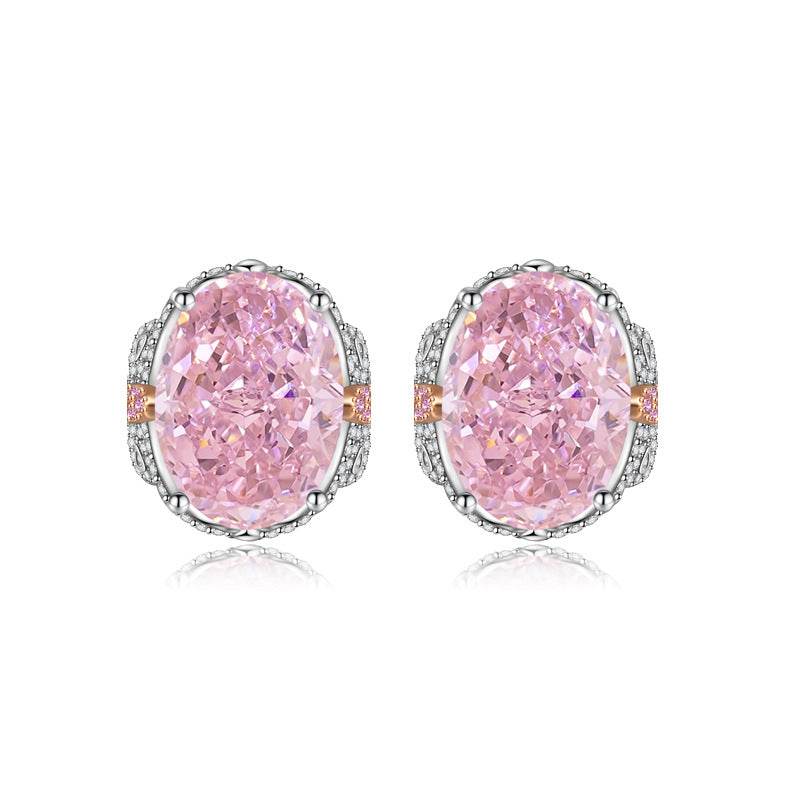 Multicolor Ice Flower Cut Oval CZ Stud Earrings, 7*9mm 8A Cubic Zirconia, S925 Silver Needle, Two-Tone Pave CZ Halo, Dainty Luxe