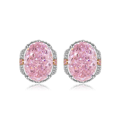 Multicolor Ice Flower Cut Oval CZ Stud Earrings, 7*9mm 8A Cubic Zirconia, S925 Silver Needle, Two-Tone Pave CZ Halo, Dainty Luxe
