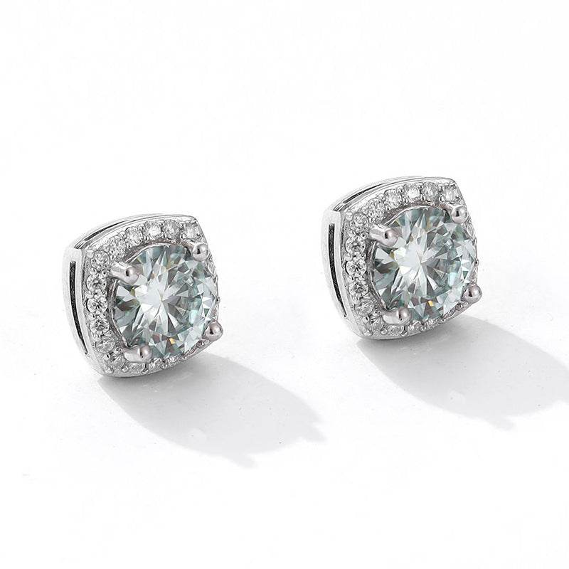 S925 Magnetic Multicolor Moissanite Square Halo Stud Earrings for Men Women,  0.5/1ct Round Cut, Inlaid Magnetic Earrings Non-Piercing Clip On Stud Earring