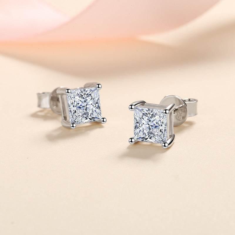 S925 Square Princess Cut CZ or Moissanite Stud Earrings, 0.6-2ct Sterling Silver Hypoallergenic Zirconia Gift for Her Him