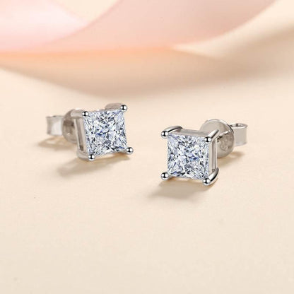 S925 Square Princess Cut CZ or Moissanite Stud Earrings, 0.6-2ct Sterling Silver Hypoallergenic Zirconia Gift for Her Him