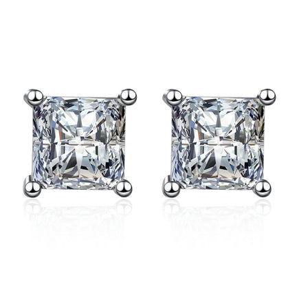 S925 Square Princess Cut CZ or Moissanite Stud Earrings, 0.6-2ct Sterling Silver Hypoallergenic Zirconia Gift for Her Him
