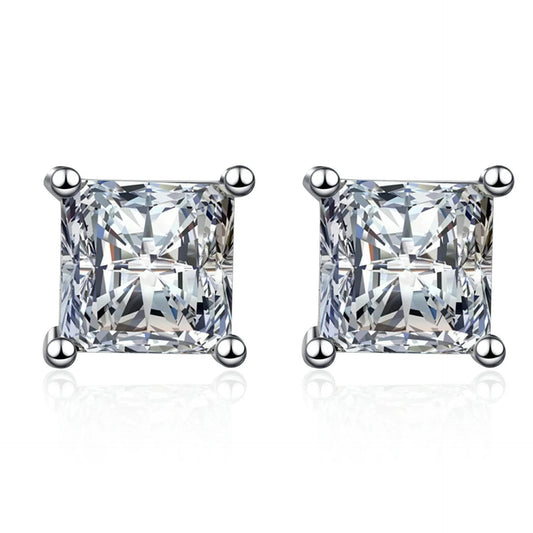 S925 Square Princess Cut CZ or Moissanite Stud Earrings, 0.6-2ct Sterling Silver Hypoallergenic Zirconia Gift for Her Him