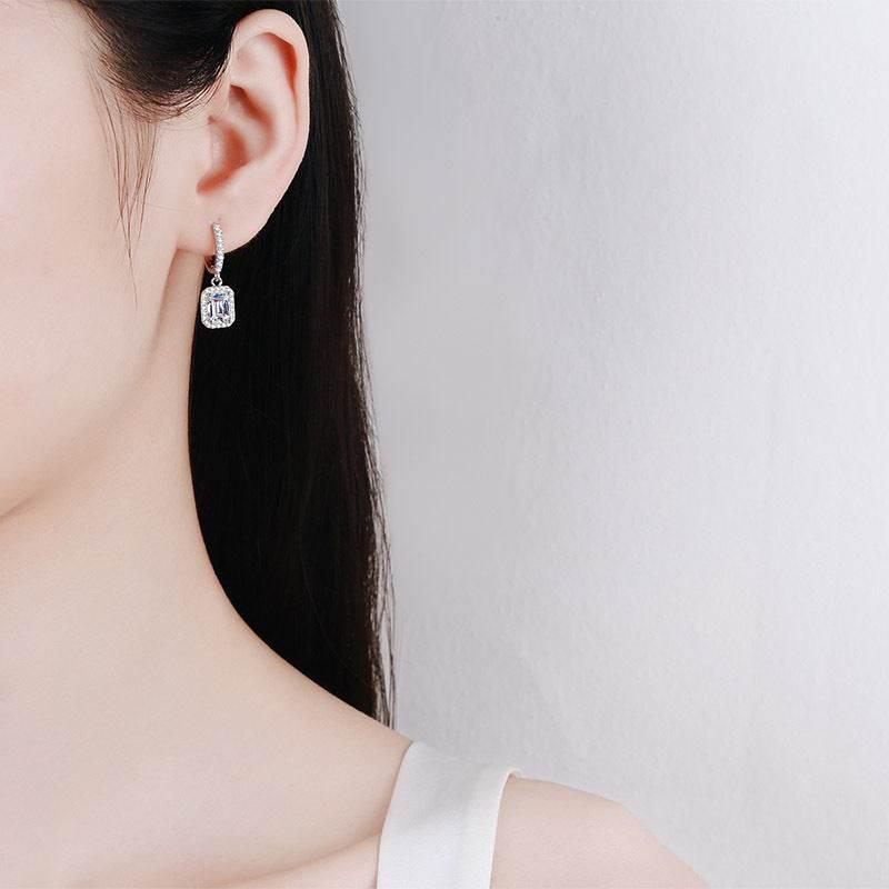 S925 Emerald Cut Moissanite Halo Earrings with Pave Band, 1-2ct Rectangle White Moissanite Sterling Silver, Engagement Wedding Drop Dangle