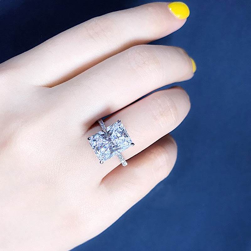 Stunning Radiant Cut CZ Ring, Cubic Zirconia with Pave Band, White Gold Plated Dainty Ring Jewelry for Part Men Women