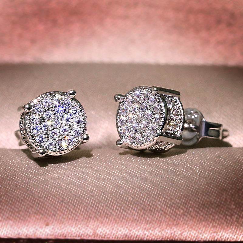 Multicolor Iced Out CZ Micro Pave Round Stud Earrings for Men Women, Hiphop 4-Prong 5A Cubic Zirconia Bling Fashion Studs, 14k White Gold Post