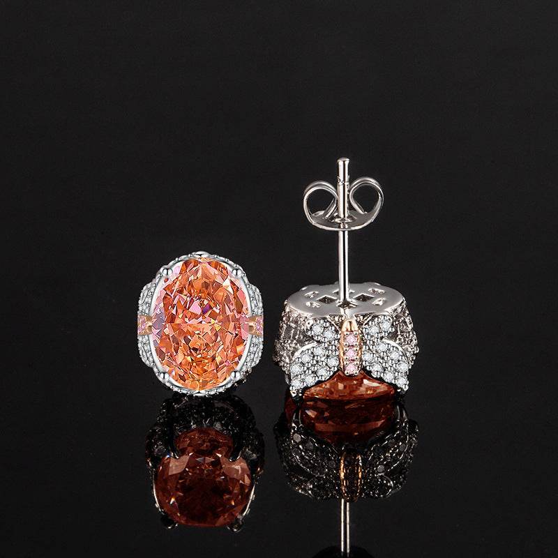 Multicolor Ice Flower Cut Oval CZ Stud Earrings, 7*9mm 8A Cubic Zirconia, S925 Silver Needle, Two-Tone Pave CZ Halo, Dainty Luxe