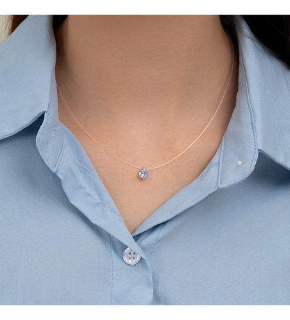 S925 Multicolor Mermaid Tear Floating CZ Necklace, Sterling Silver Invisible Fishing Line 6-8mm Cubic Zirconia Pendant, 40+5cm Adjustable Dainty Minimalist Choker