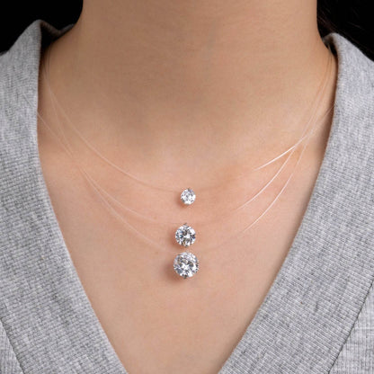 S925 Multicolor Mermaid Tear Floating CZ Necklace, Sterling Silver Invisible Fishing Line 6-8mm Cubic Zirconia Pendant, 40+5cm Adjustable Dainty Minimalist Choker