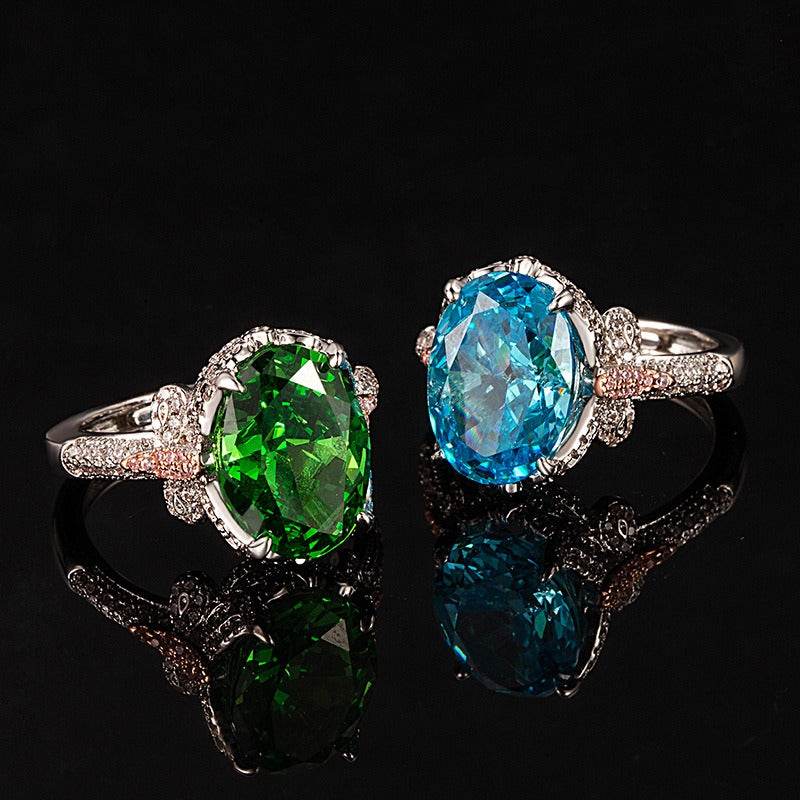 Multicolor Ice Flower Cut Oval CZ Adjustable Ring, Blue & Green 10*14mm 8A Cubic Zirconia, Two-Tone Pave CZ Band, Dainty Luxe