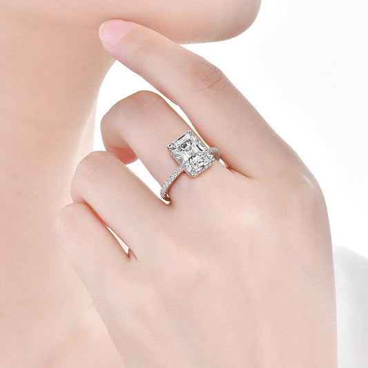 Stunning Radiant Cut CZ Ring, Cubic Zirconia with Pave Band, White Gold Plated Dainty Ring Jewelry for Part Men Women