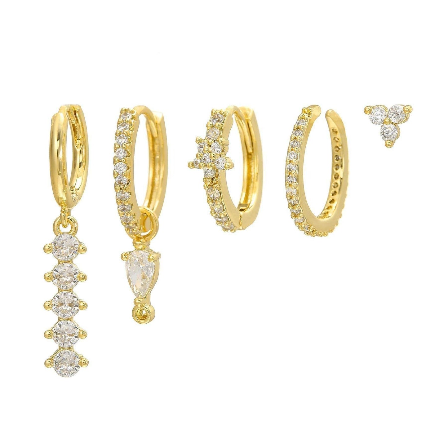 5 Pieces Simple Clover Single-Row Serrated Ear Cuff Earring Set, 18k Gold-Plated  Teardrop Zircon Earrings, S925 Needle, Stacked Lobe Designs with Dazzling Zirconia