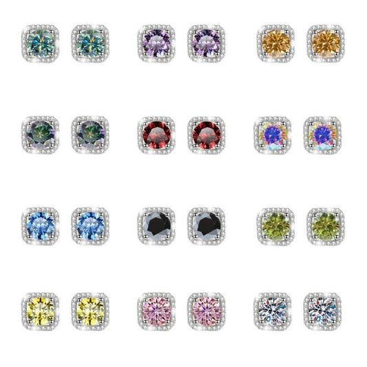 S925 Colorful Moissanite/CZ Square Halo Earrings, 0.5-1ct D-Grade VVS Certificate, Hypoallergenic Sterling Silver Jewelry Gift