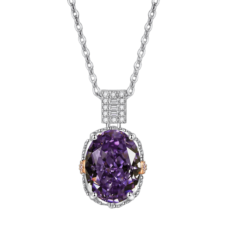Multicolor Ice Flower Cut Oval CZ Pendant Necklace, 10*14mm 8A Cubic Zirconia, Two-Tone Pave CZ Halo with Pavé Top Frame, Adjustable Chain, Dainty Luxe