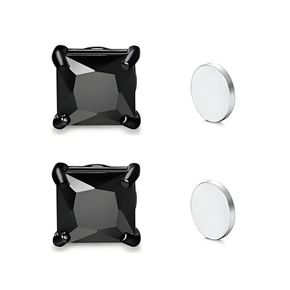 Stainless Steel Magnetic Princess Cut CZ Stud Earrings for Men Women, 6/8mm Square Cubic Zirconia Inlaid Magnetic Earrings Non-Piercing Clip On Studs