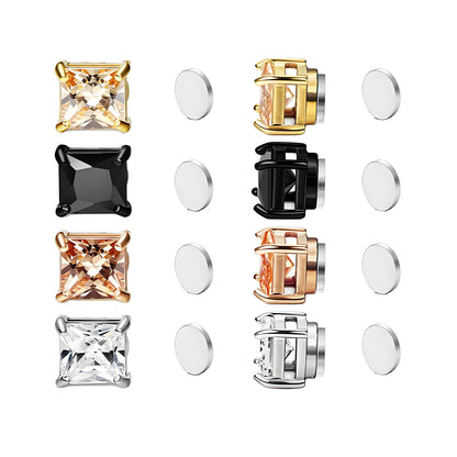 Stainless Steel Magnetic Princess Cut CZ Stud Earrings for Men Women, 6/8mm Square Cubic Zirconia Inlaid Magnetic Earrings Non-Piercing Clip On Studs