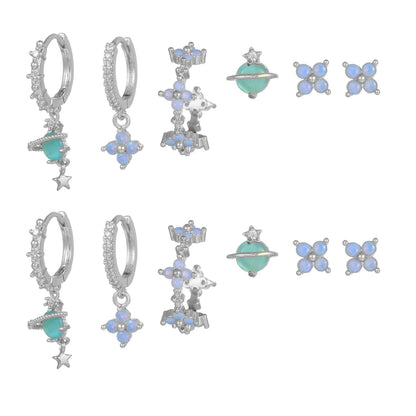 6 Pieces Blue Flower Pierced Earring Set with Zircon, 18k Gold Plated Ear Studs and Ear Drops, Women's Fashion Jewelry for Party Daily Stacked Lobe Earrings