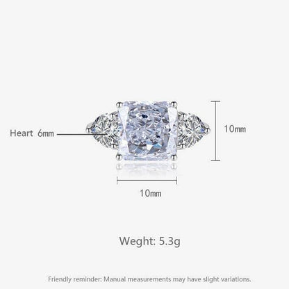 Multicolor Ice Flower Cut Square CZ Adjustable Ring, 10*10mm 8A Main Cubic Zirconia, Two Heart Side CZ, Dainty Luxe