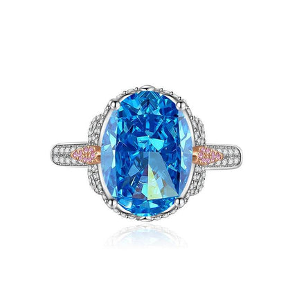 Multicolor Ice Flower Cut Oval CZ Adjustable Ring, Blue & Green 10*14mm 8A Cubic Zirconia, Two-Tone Pave CZ Band, Dainty Luxe