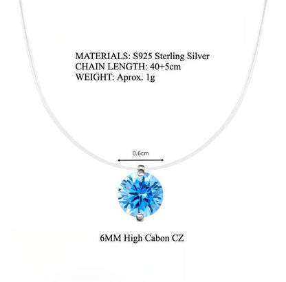 S925 Multicolor Mermaid Tear Floating CZ Necklace, Sterling Silver Invisible Fishing Line 6-8mm Cubic Zirconia Pendant, 40+5cm Adjustable Dainty Minimalist Choker