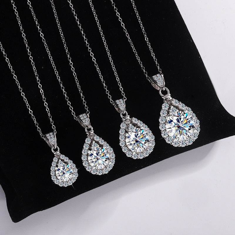 S925 High Carbon CZ Teardrop Halo Pendant Necklace with Pavé Top Frame, 6-11mm Cubic Zirconia, Sterling Silver Pear Shape Pendant for Her