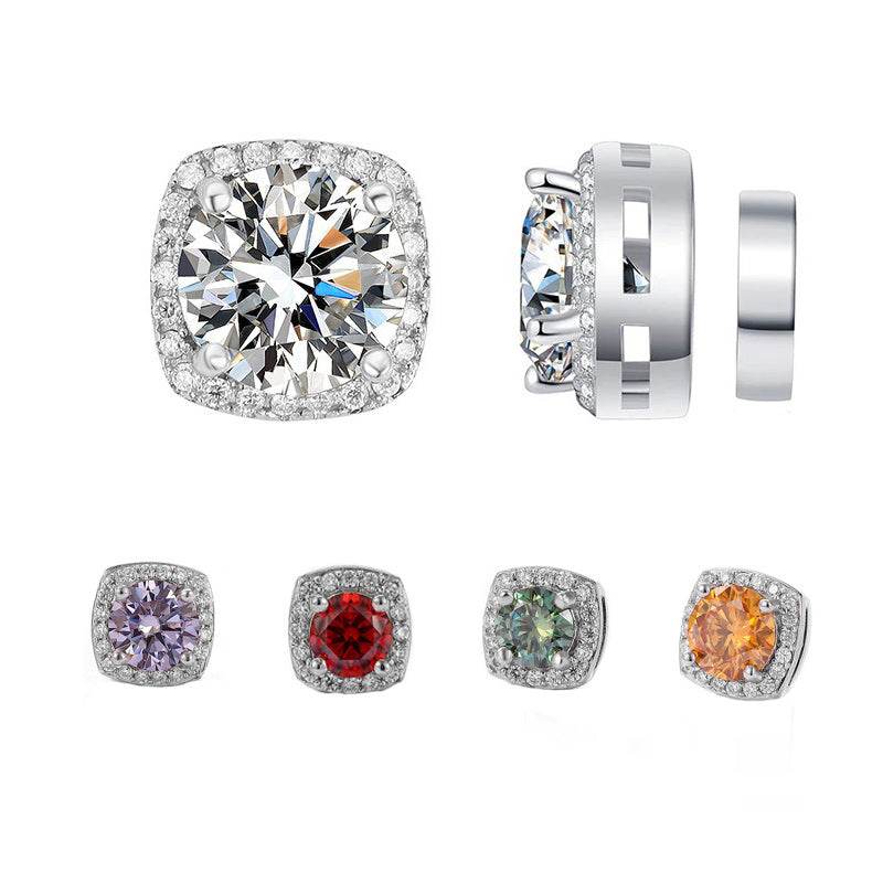 S925 Magnetic Multicolor Moissanite Square Halo Stud Earrings for Men Women,  0.5/1ct Round Cut, Inlaid Magnetic Earrings Non-Piercing Clip On Stud Earring