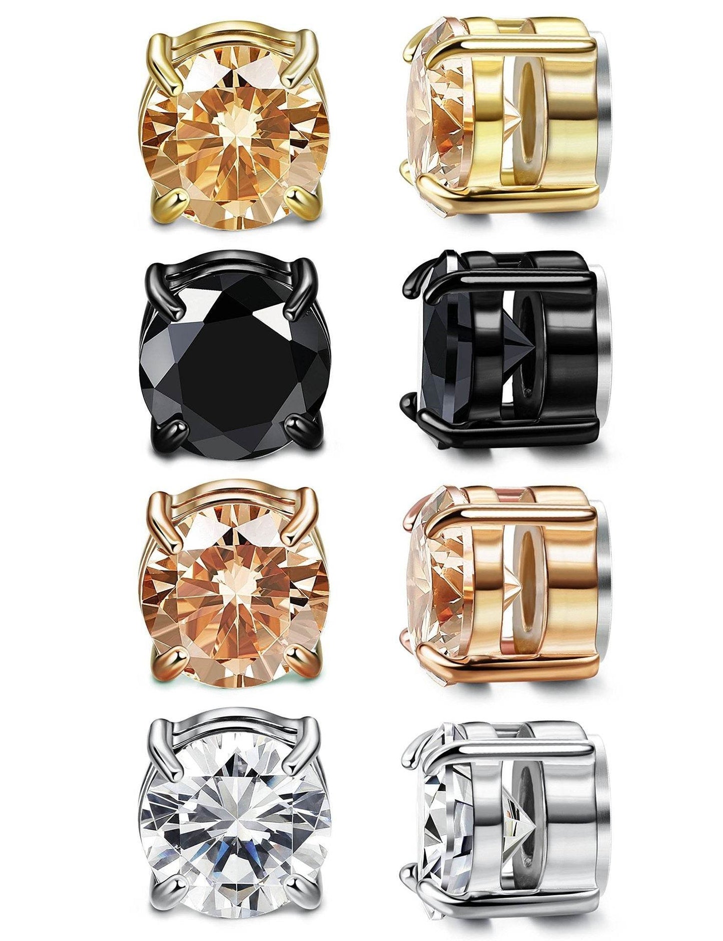 Stainless Steel Magnetic Stud Earrings for Men Women Unisex, 6/8mm 4-Prong Round CZ Inlaid Magnetic Earrings Non-Piercing Clip On Studs