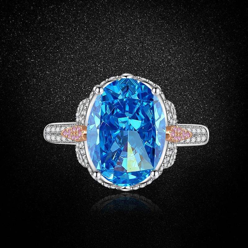 Multicolor Ice Flower Cut Oval CZ Adjustable Ring, Blue & Green 10*14mm 8A Cubic Zirconia, Two-Tone Pave CZ Band, Dainty Luxe