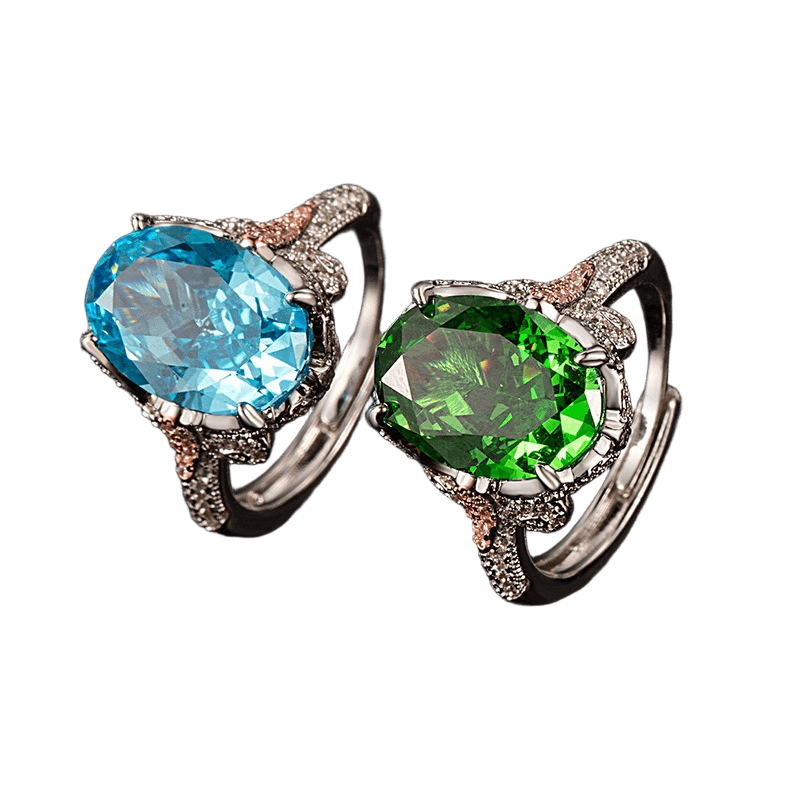 Multicolor Ice Flower Cut Oval CZ Adjustable Ring, Blue & Green 10*14mm 8A Cubic Zirconia, Two-Tone Pave CZ Band, Dainty Luxe