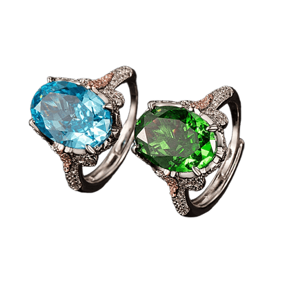 Multicolor Ice Flower Cut Oval CZ Adjustable Ring, Blue & Green 10*14mm 8A Cubic Zirconia, Two-Tone Pave CZ Band, Dainty Luxe
