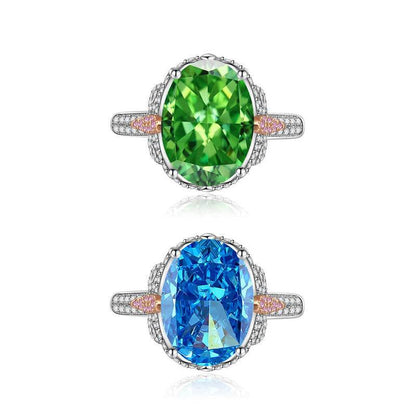 Multicolor Ice Flower Cut Oval CZ Adjustable Ring, Blue & Green 10*14mm 8A Cubic Zirconia, Two-Tone Pave CZ Band, Dainty Luxe