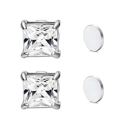 Stainless Steel Magnetic Princess Cut CZ Stud Earrings for Men Women, 6/8mm Square Cubic Zirconia Inlaid Magnetic Earrings Non-Piercing Clip On Studs