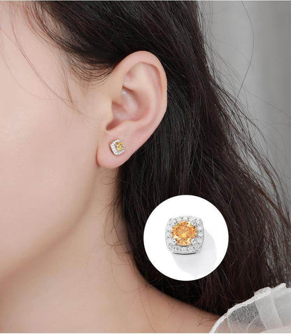 S925 Magnetic Multicolor Moissanite Square Halo Stud Earrings for Men Women,  0.5/1ct Round Cut, Inlaid Magnetic Earrings Non-Piercing Clip On Stud Earring