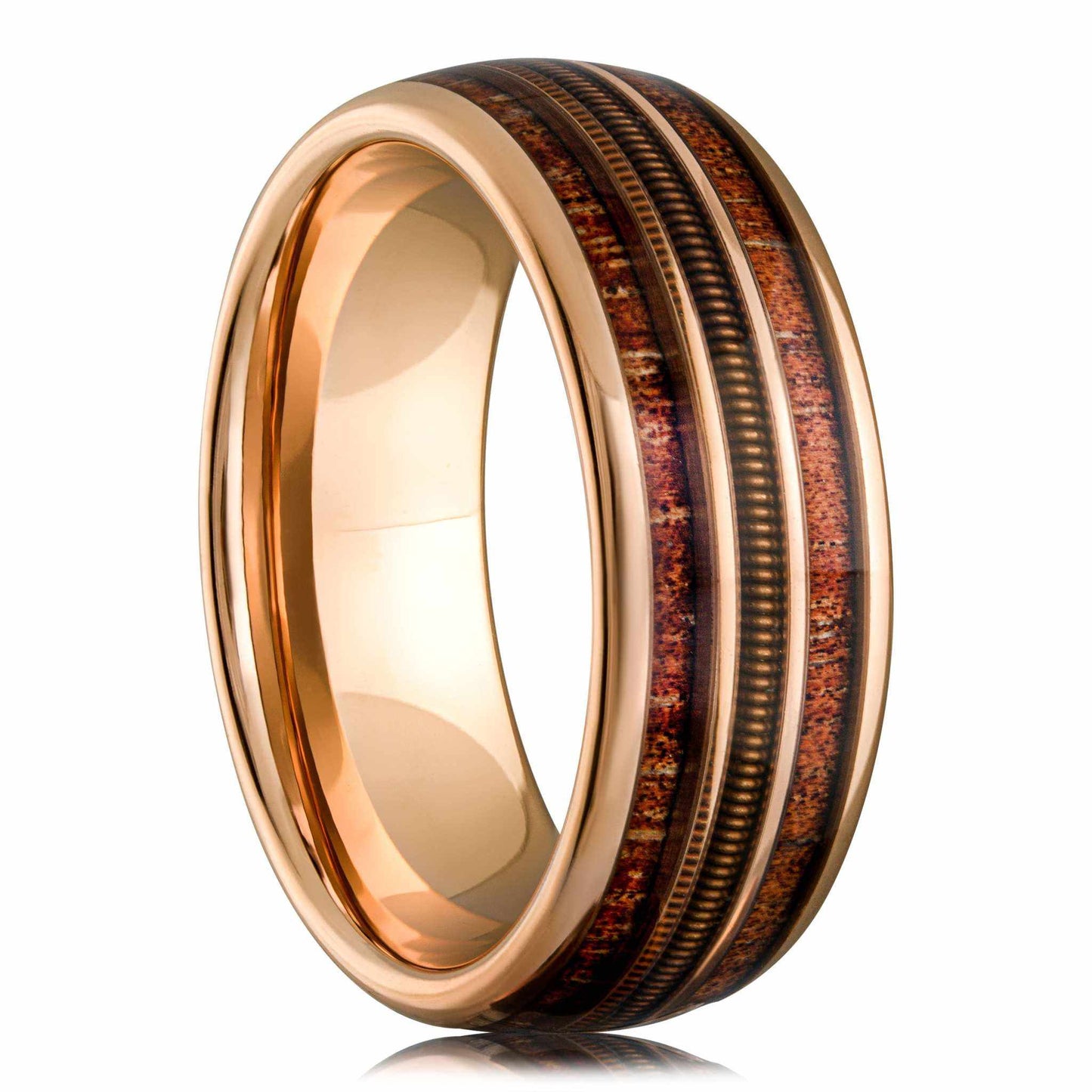 Guitar String Whiskey Barrel Wood Ring - Rose Gold Band Tungsten