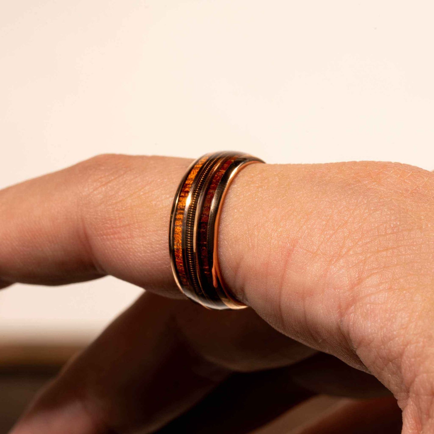 Guitar String Whiskey Barrel Wood Ring - Rose Gold Band Tungsten