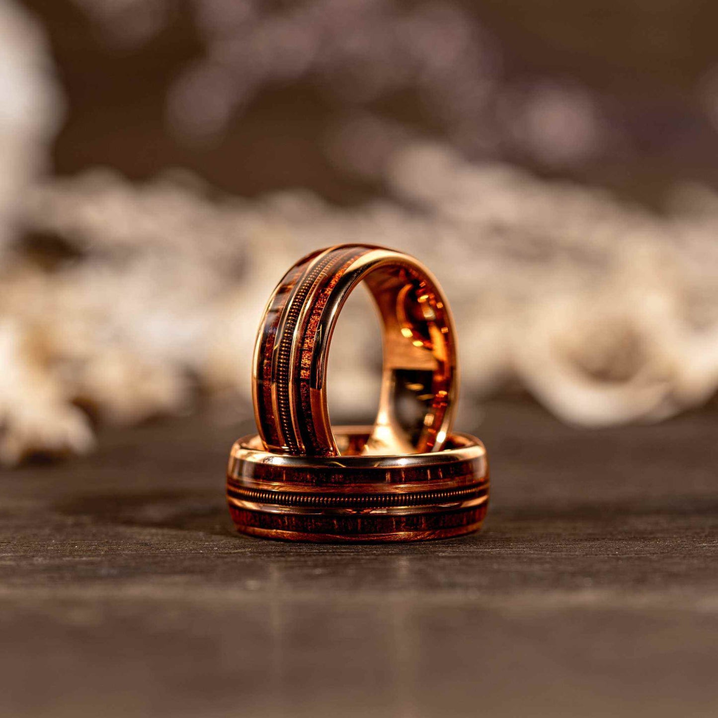 Guitar String Whiskey Barrel Wood Ring - Rose Gold Band Tungsten