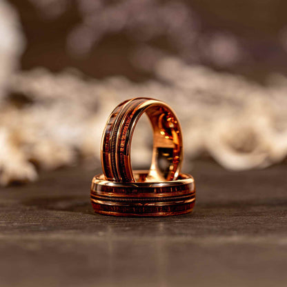 Guitar String Whiskey Barrel Wood Ring - Rose Gold Band Tungsten