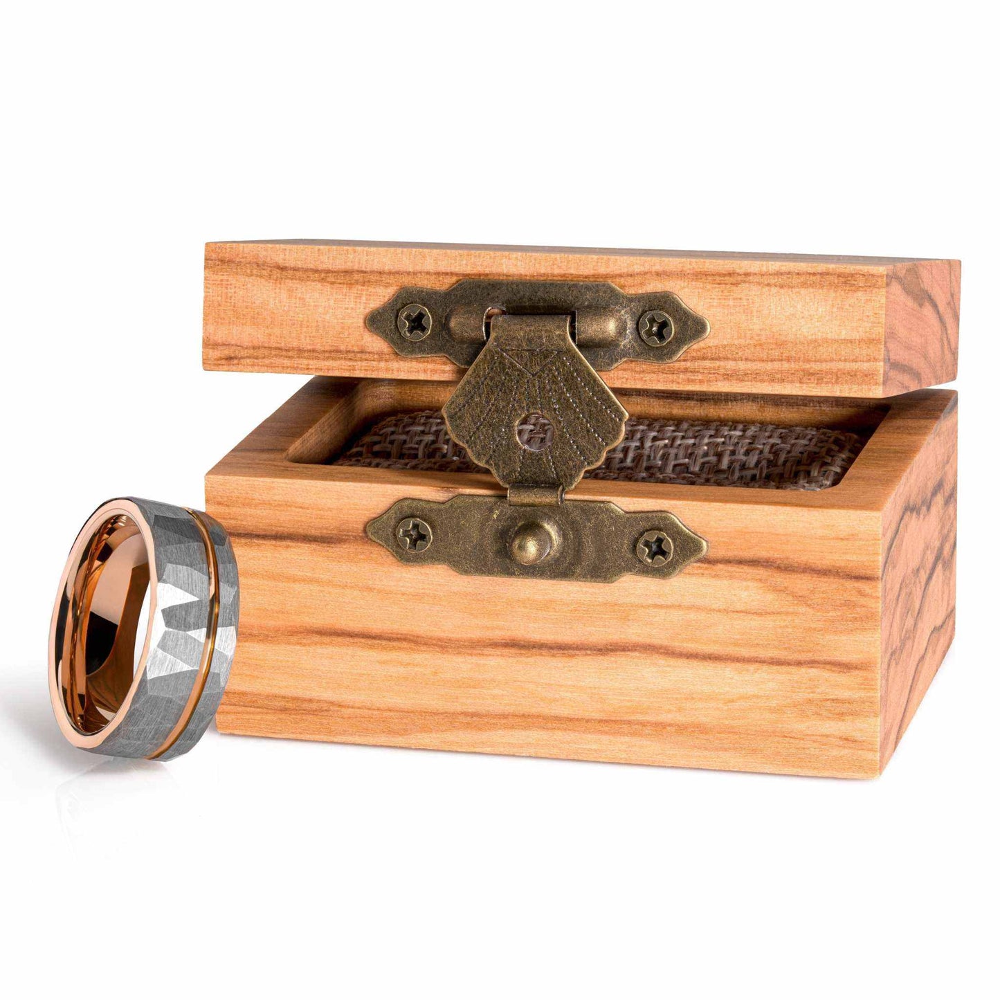 Hammered Rose Gold Strip Tungsten Carbide Ring